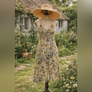 Ba&sh Robe Baila Gathered Jacquard floral yellow and blue Midi Dress